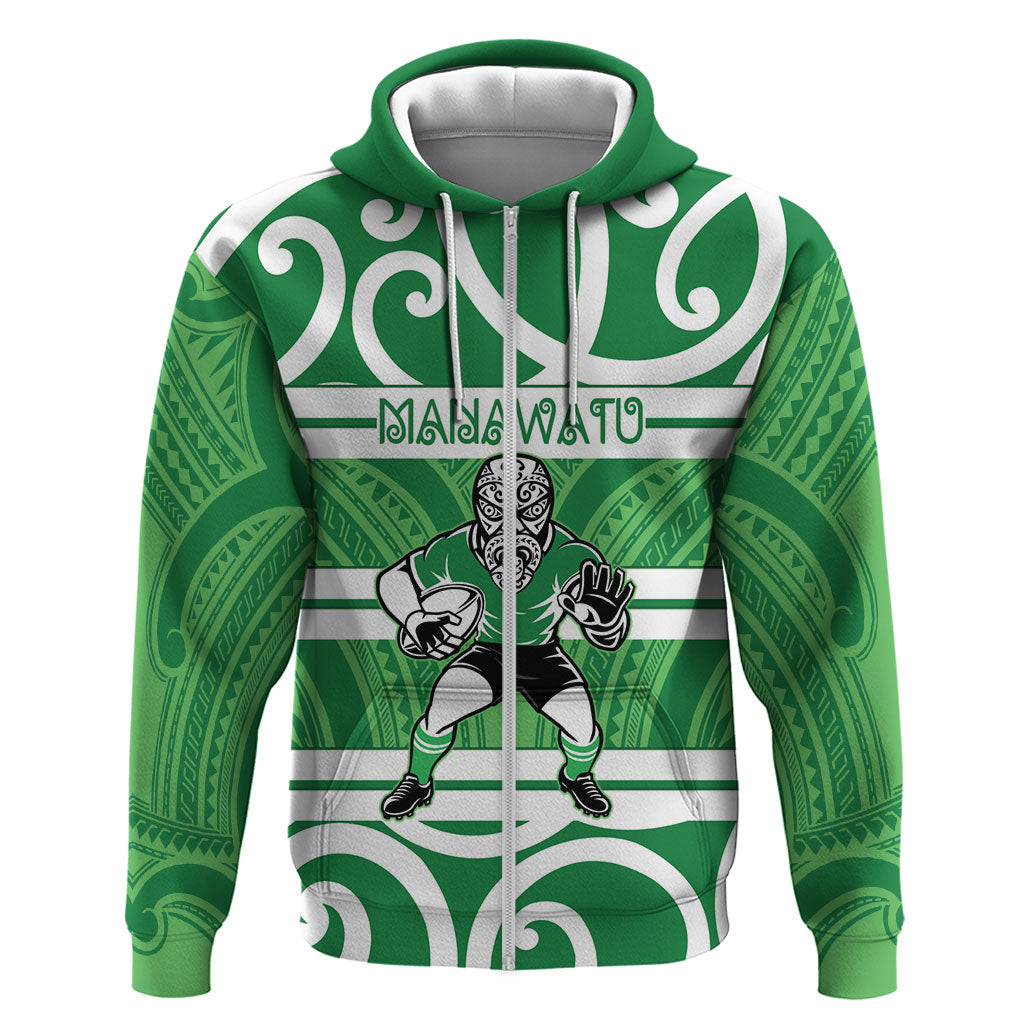 Manawatu Custom Rugby New Zealand Zip Hoodie Aotearoa Maori Pukana Tiki Mascot