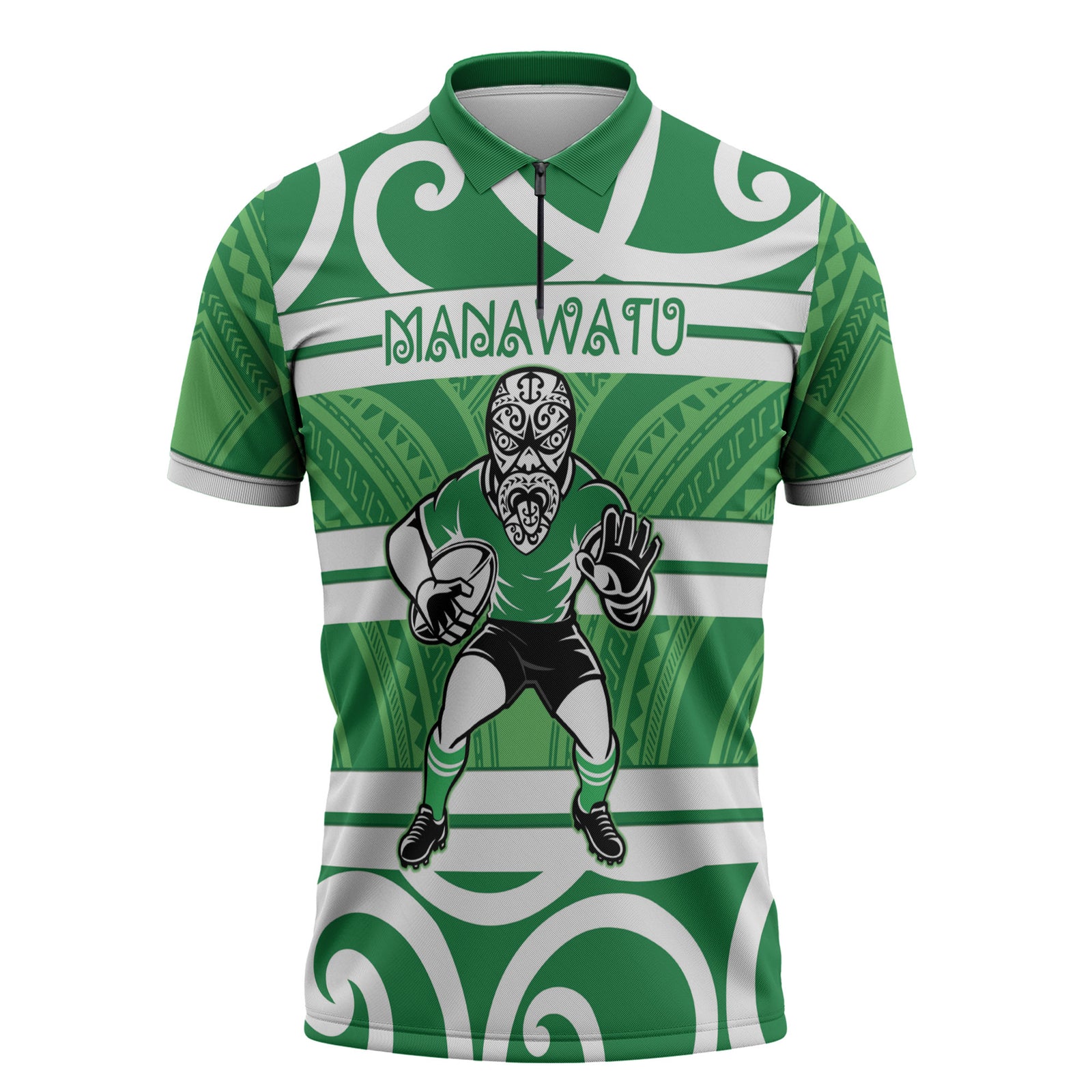 Manawatu Custom Rugby New Zealand Zipper Polo Shirt Aotearoa Maori Pukana Tiki Mascot