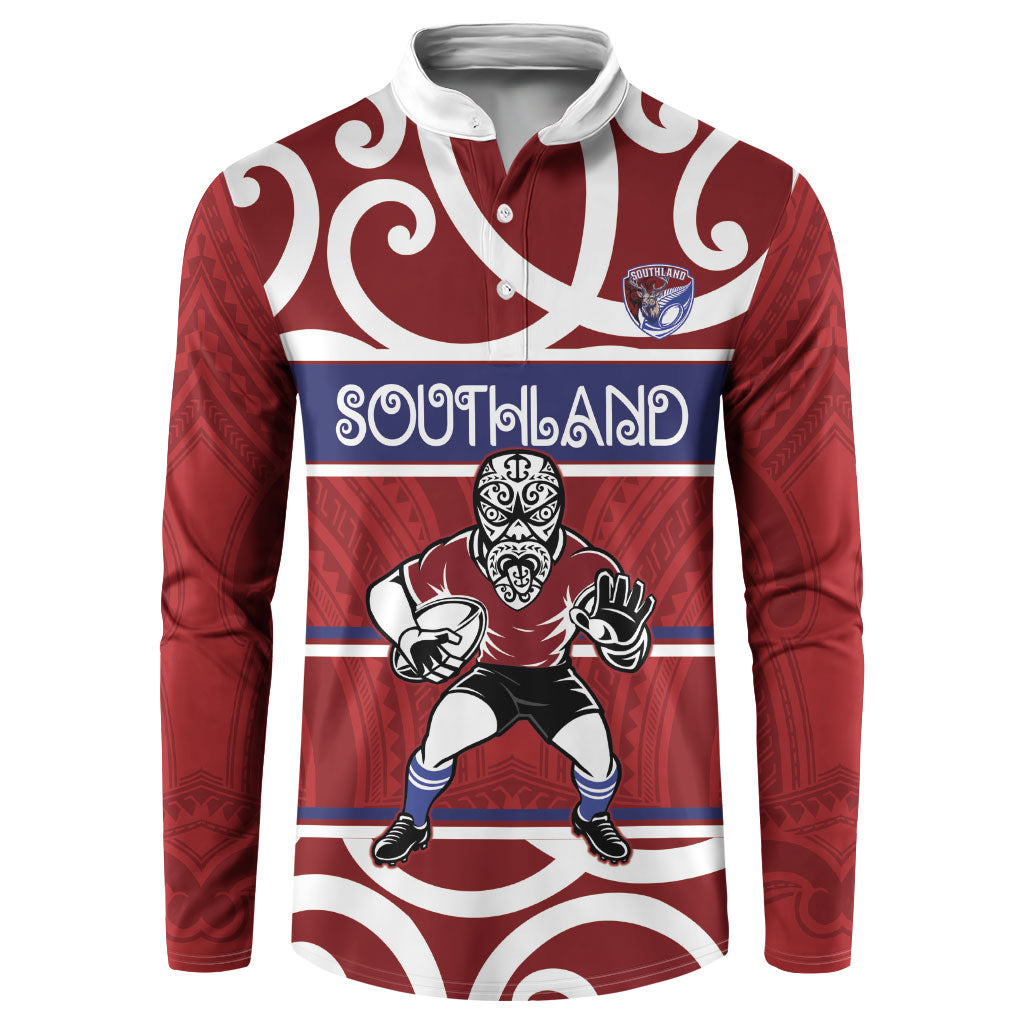 Southland Custom Rugby New Zealand Button Sweatshirt Aotearoa Maori Pukana Tiki Mascot