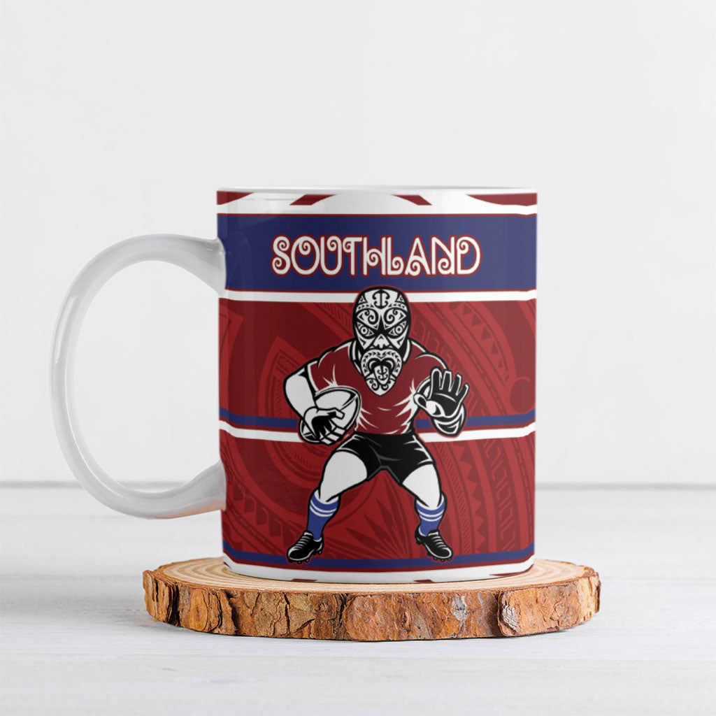 Southland Custom Rugby New Zealand Ceramic Mug Aotearoa Maori Pukana Tiki Mascot
