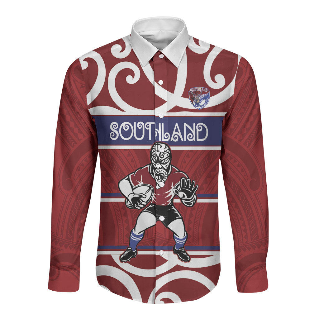 Southland Custom Rugby New Zealand Long Sleeve Button Shirt Aotearoa Maori Pukana Tiki Mascot LT14 Unisex Maroon - Polynesian Pride
