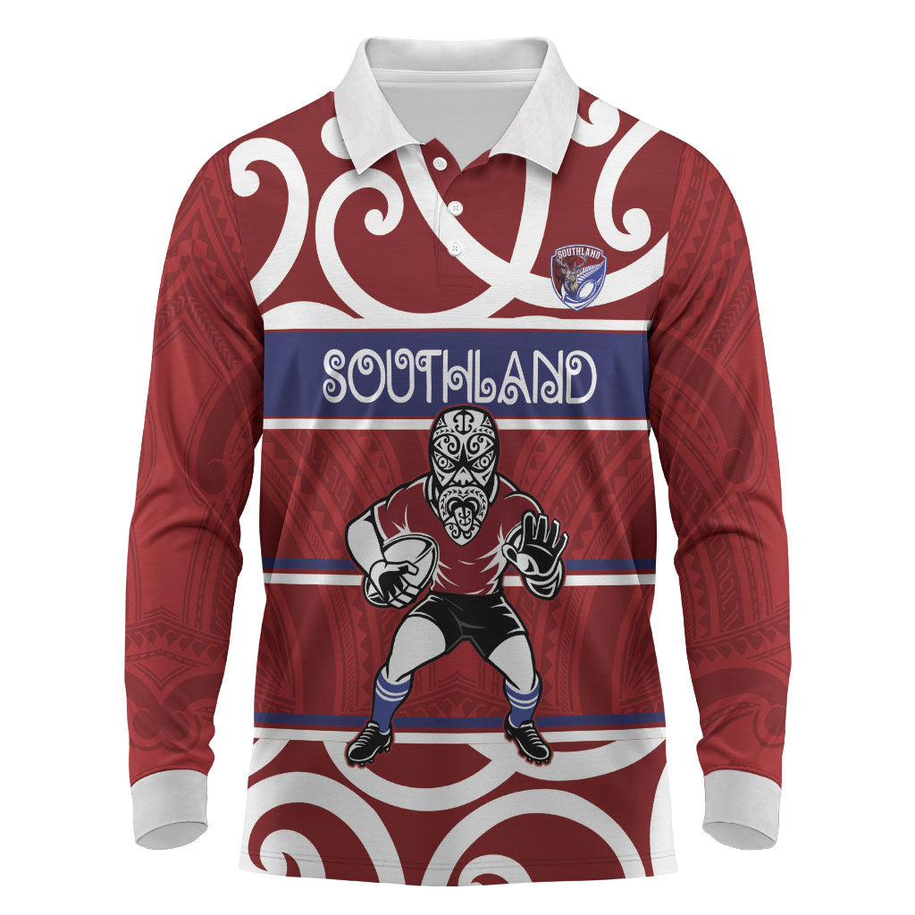 Southland Custom Rugby New Zealand Long Sleeve Polo Shirt Aotearoa Maori Pukana Tiki Mascot