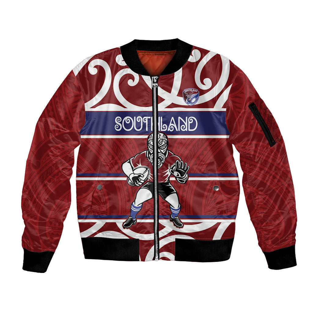Southland Custom Rugby New Zealand Sleeve Zip Bomber Jacket Aotearoa Maori Pukana Tiki Mascot
