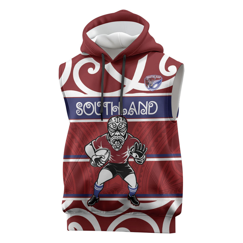 Southland Custom Rugby New Zealand Sleeveless Hoodie Aotearoa Maori Pukana Tiki Mascot