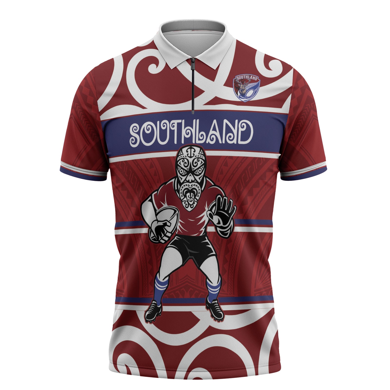 Southland Custom Rugby New Zealand Zipper Polo Shirt Aotearoa Maori Pukana Tiki Mascot