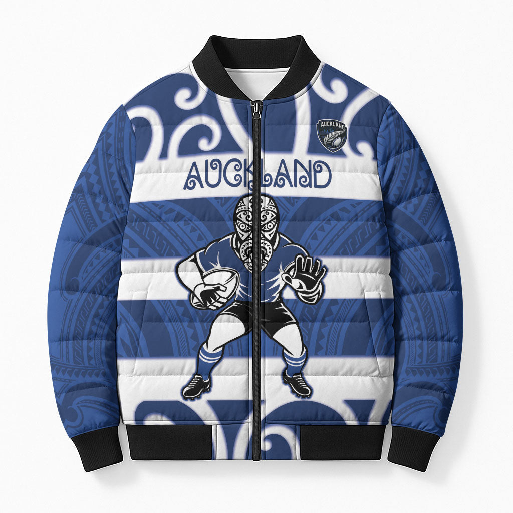 Auckland Custom Rugby New Zealand Bomber Puffer Jacket Aotearoa Maori Pukana Tiki Mascot