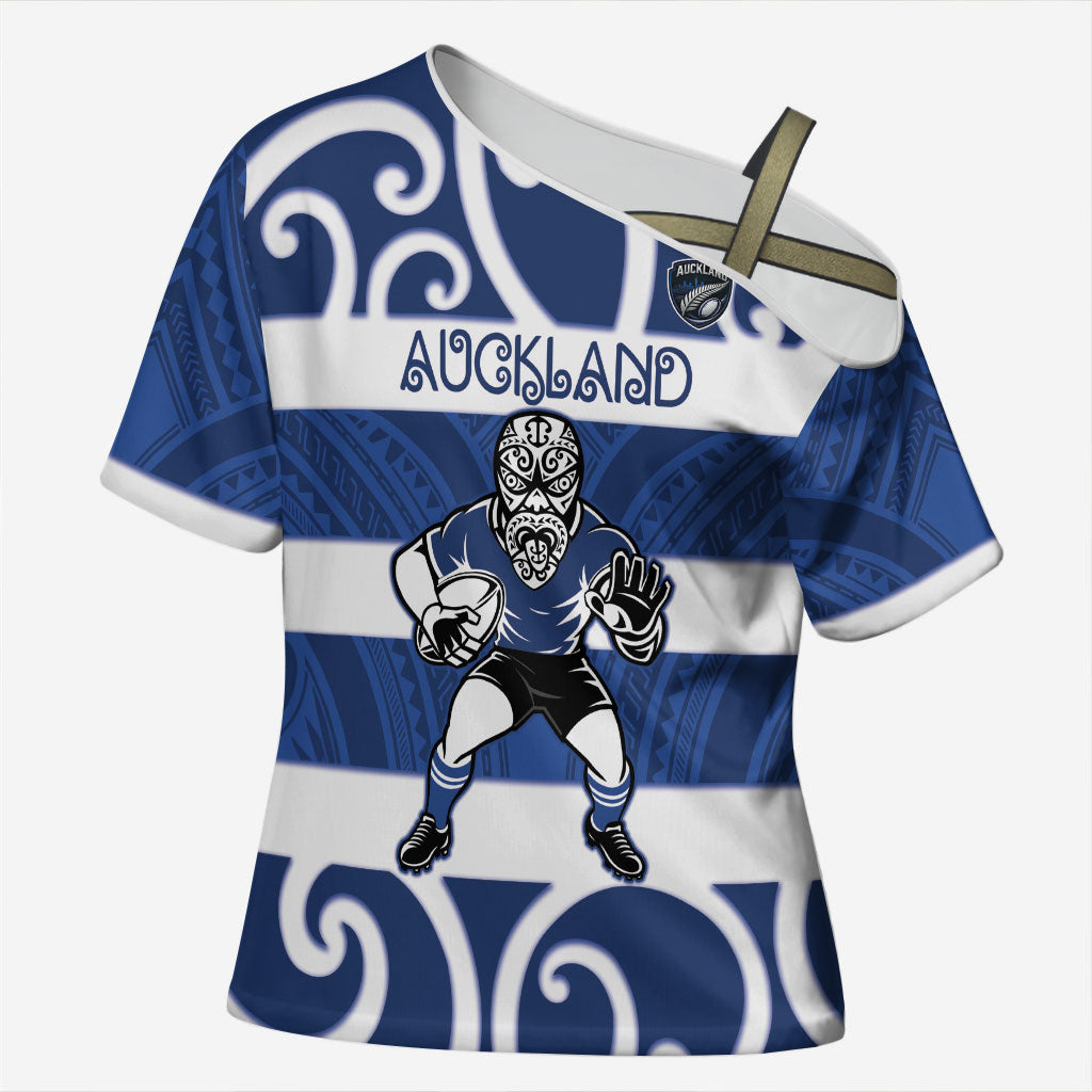 Auckland Custom Rugby New Zealand Cross Shoulder Shirt Aotearoa Maori Pukana Tiki Mascot