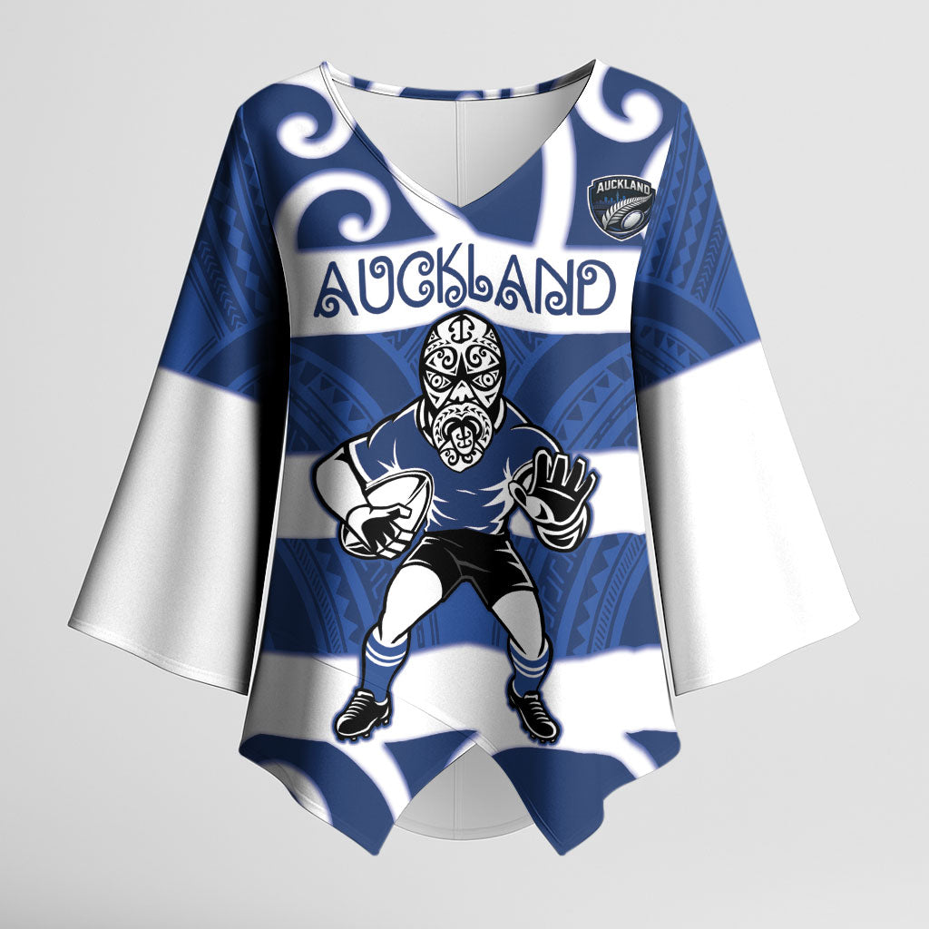 Auckland Custom Rugby New Zealand Kimono Sleeve Blouse Aotearoa Maori Pukana Tiki Mascot