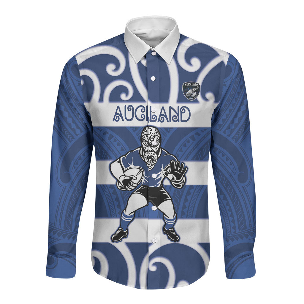 Auckland Custom Rugby New Zealand Long Sleeve Button Shirt Aotearoa Maori Pukana Tiki Mascot LT14 Unisex Blue - Polynesian Pride