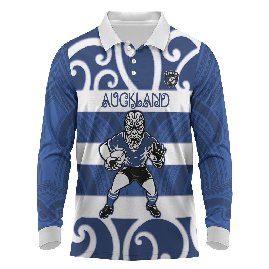 Auckland Custom Rugby New Zealand Long Sleeve Polo Shirt Aotearoa Maori Pukana Tiki Mascot