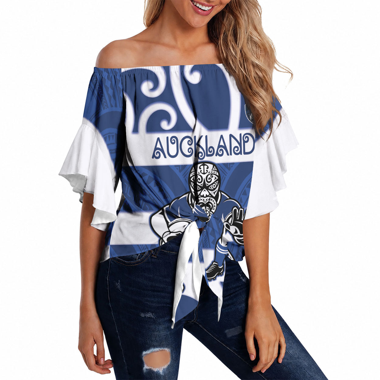 Auckland Custom Rugby New Zealand Off Shoulder Wrap Waist Top Aotearoa Maori Pukana Tiki Mascot
