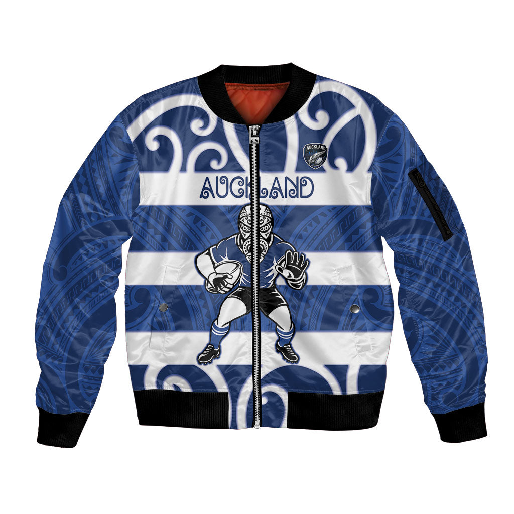 Auckland Custom Rugby New Zealand Sleeve Zip Bomber Jacket Aotearoa Maori Pukana Tiki Mascot