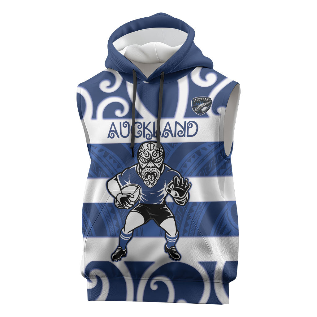 Auckland Custom Rugby New Zealand Sleeveless Hoodie Aotearoa Maori Pukana Tiki Mascot