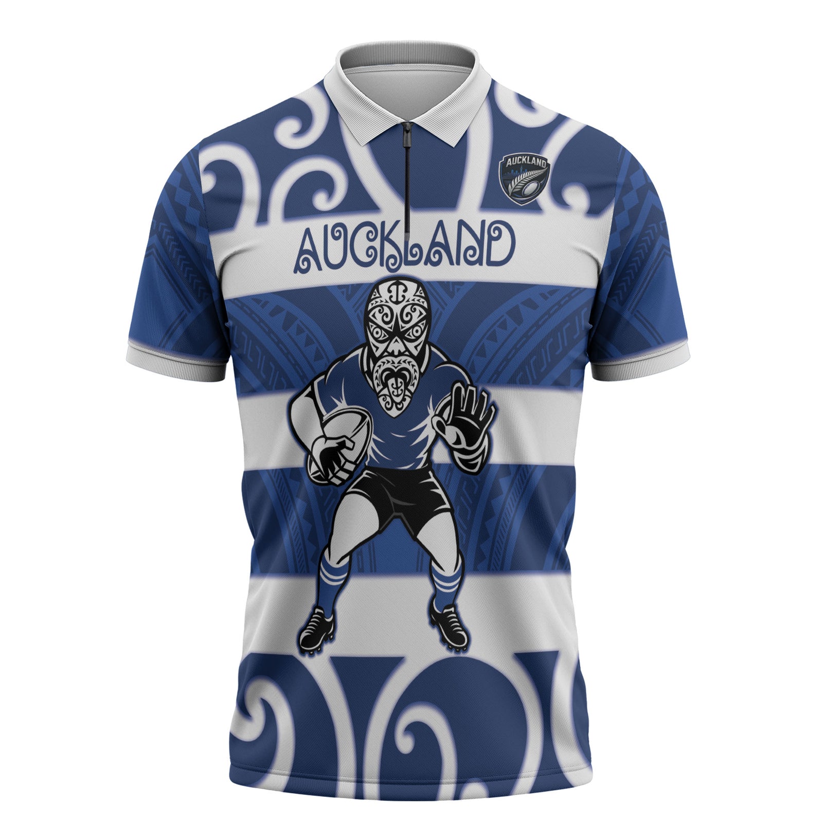 Auckland Custom Rugby New Zealand Zipper Polo Shirt Aotearoa Maori Pukana Tiki Mascot