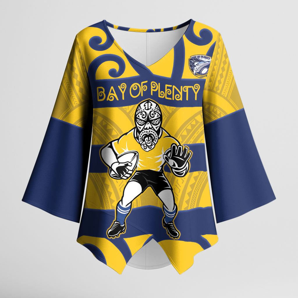 Bay of Plenty Custom Rugby New Zealand Kimono Sleeve Blouse Aotearoa Maori Pukana Tiki Mascot
