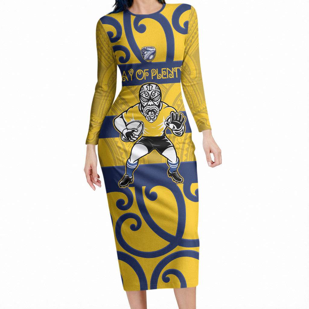 Bay of Plenty Custom Rugby New Zealand Long Sleeve Bodycon Dress Aotearoa Maori Pukana Tiki Mascot