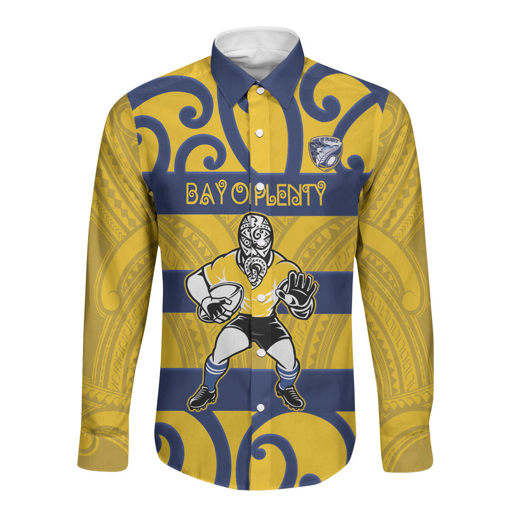 Bay of Plenty Custom Rugby New Zealand Long Sleeve Button Shirt Aotearoa Maori Pukana Tiki Mascot LT14 Unisex Yellow - Polynesian Pride