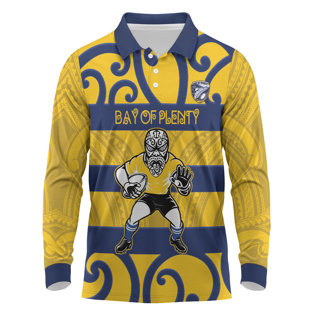 Bay of Plenty Custom Rugby New Zealand Long Sleeve Polo Shirt Aotearoa Maori Pukana Tiki Mascot