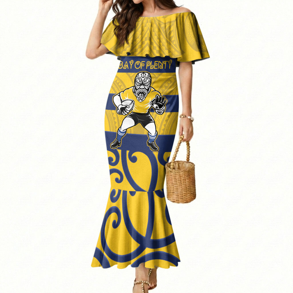 Bay of Plenty Custom Rugby New Zealand Mermaid Dress Aotearoa Maori Pukana Tiki Mascot