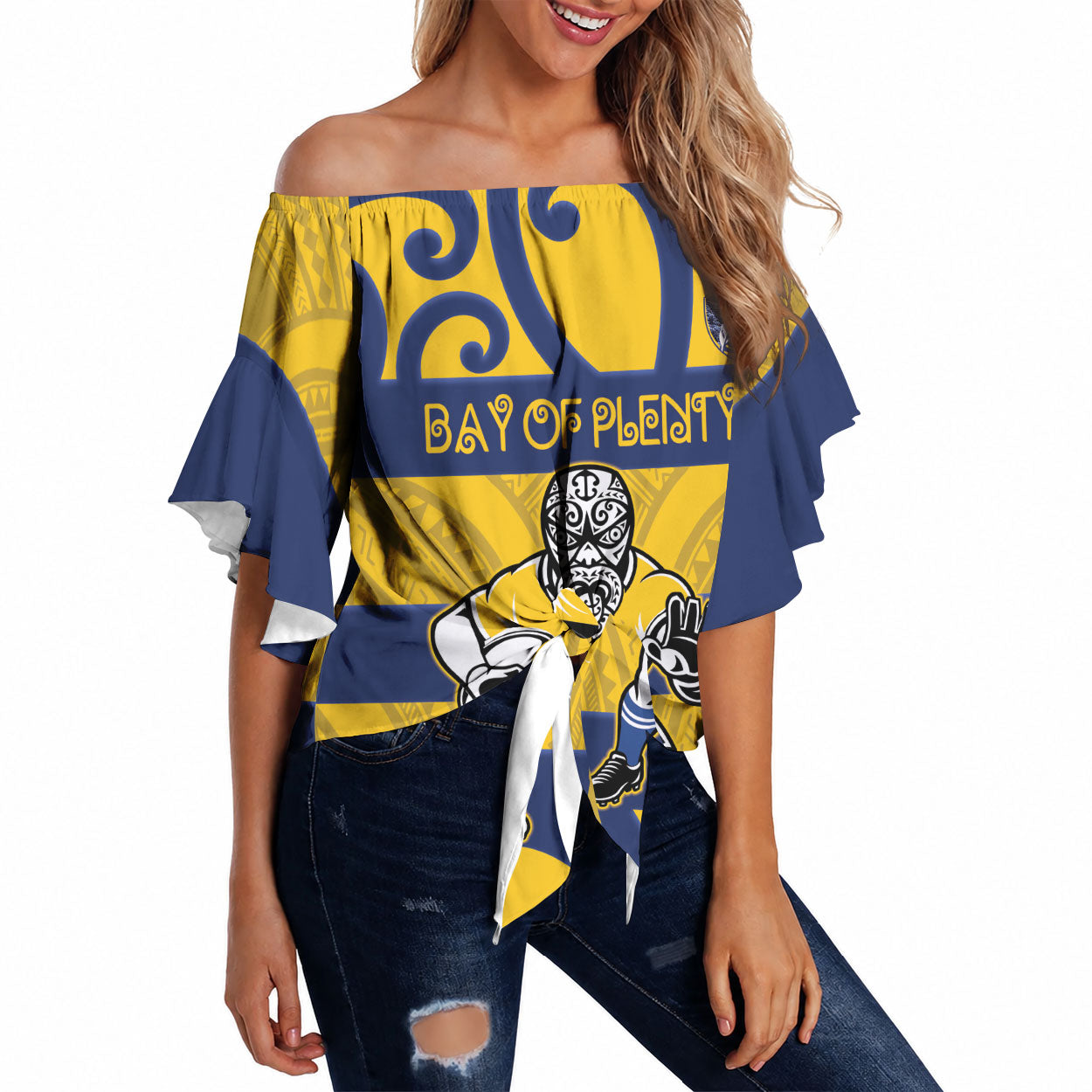 Bay of Plenty Custom Rugby New Zealand Off Shoulder Wrap Waist Top Aotearoa Maori Pukana Tiki Mascot