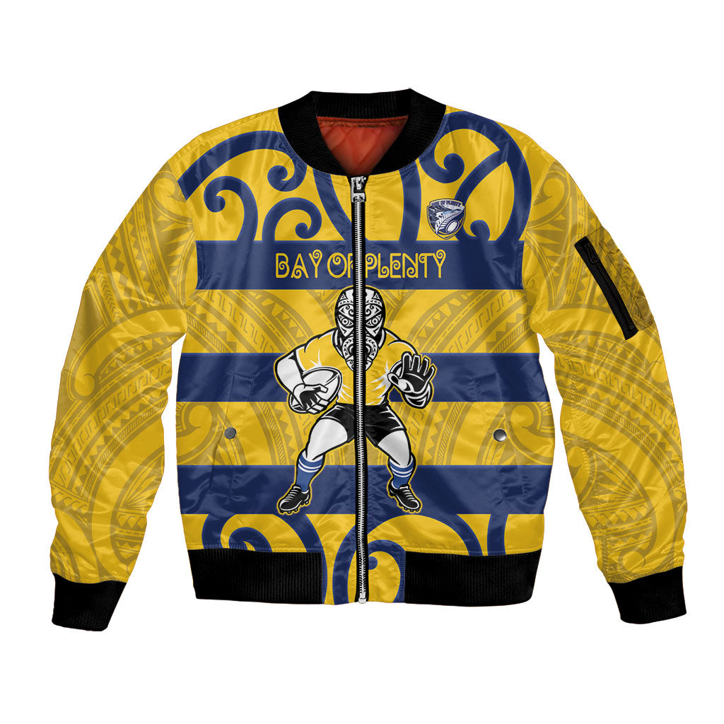 Bay of Plenty Custom Rugby New Zealand Sleeve Zip Bomber Jacket Aotearoa Maori Pukana Tiki Mascot