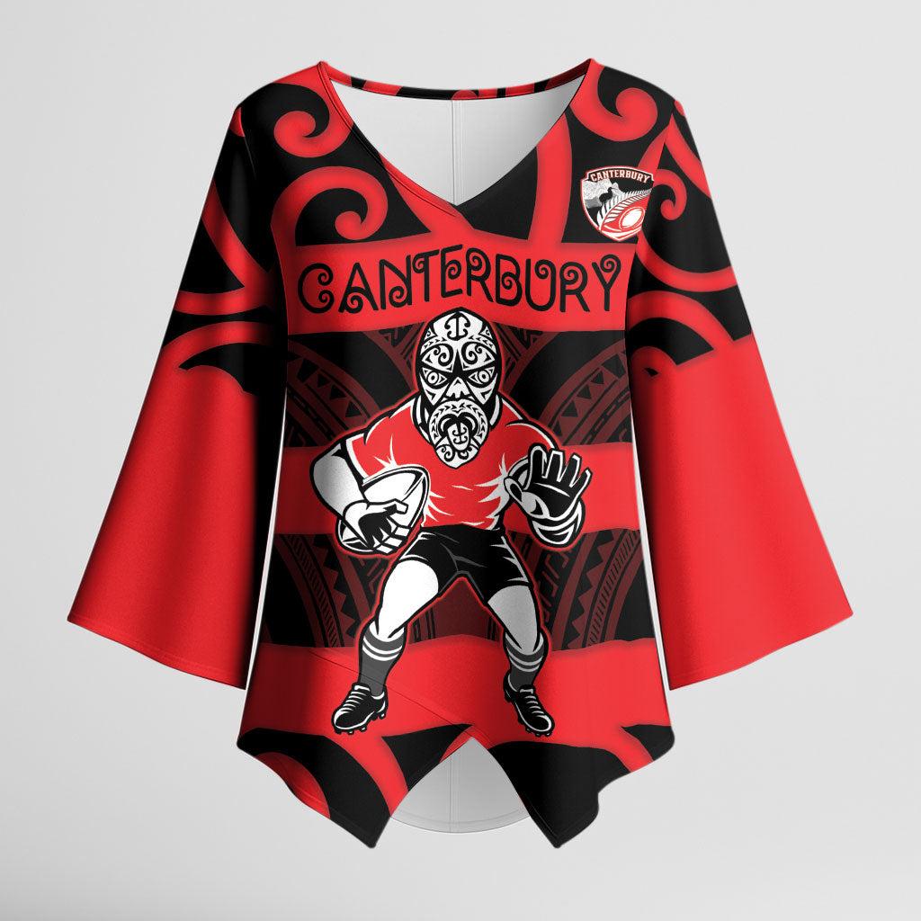 Canterbury Custom Rugby New Zealand Kimono Sleeve Blouse Aotearoa Maori Pukana Tiki Mascot