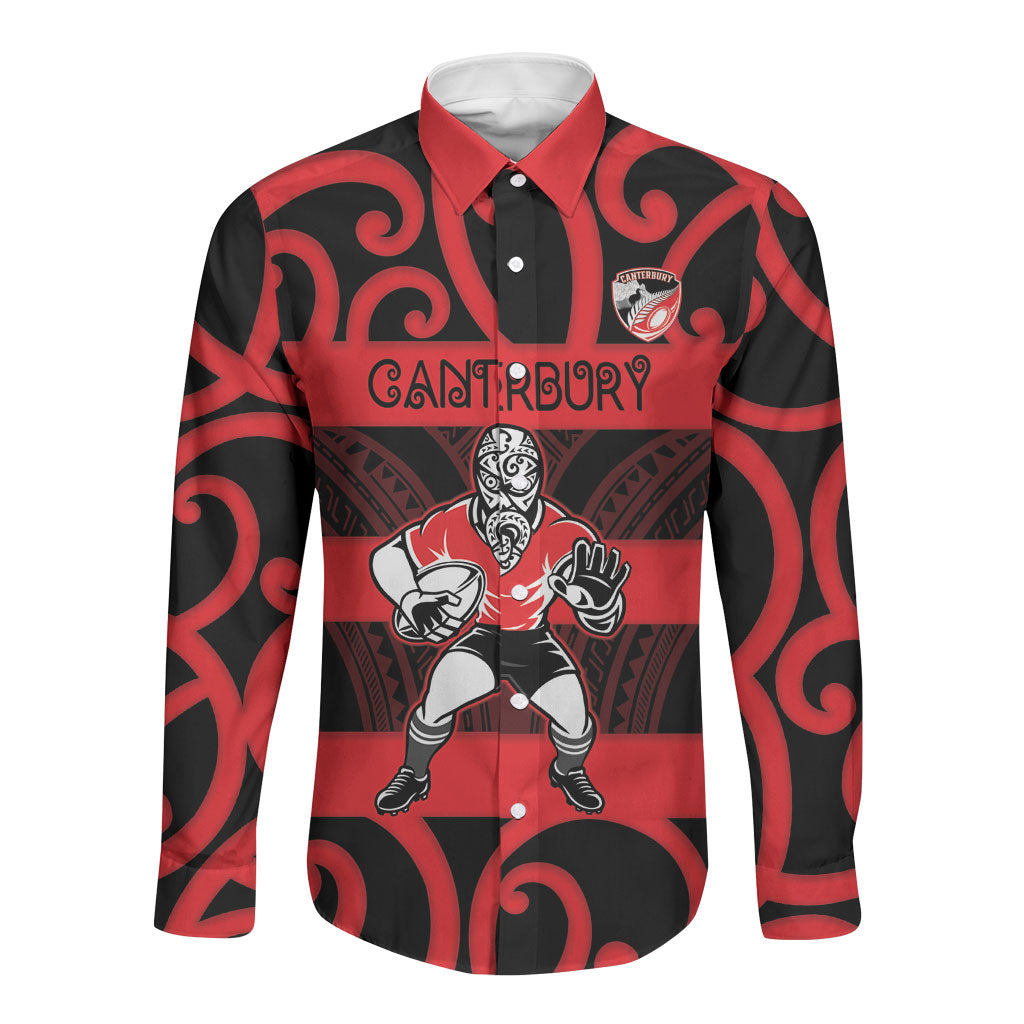 Canterbury Custom Rugby New Zealand Long Sleeve Button Shirt Aotearoa Maori Pukana Tiki Mascot LT14 Unisex Red - Polynesian Pride