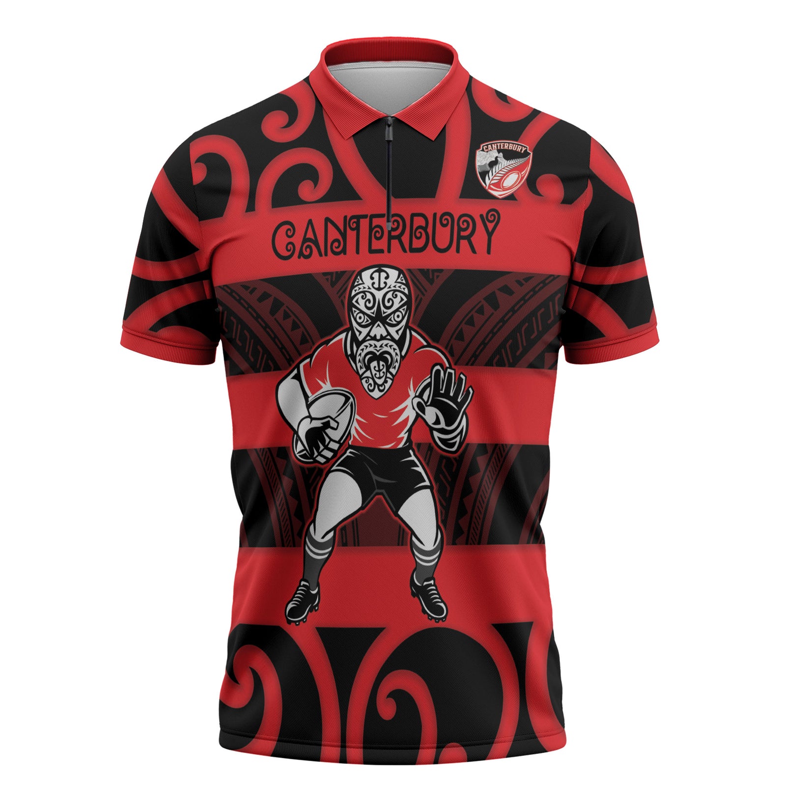 Canterbury Custom Rugby New Zealand Zipper Polo Shirt Aotearoa Maori Pukana Tiki Mascot