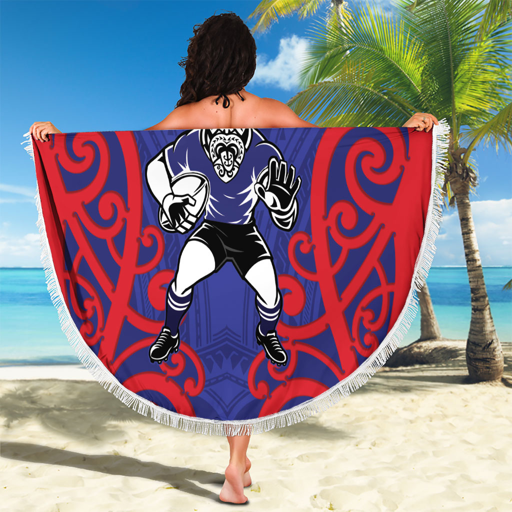 Tasman Custom Rugby New Zealand Beach Blanket Aotearoa Maori Pukana Tiki Mascot