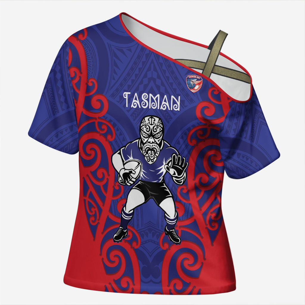 Tasman Custom Rugby New Zealand Cross Shoulder Shirt Aotearoa Maori Pukana Tiki Mascot