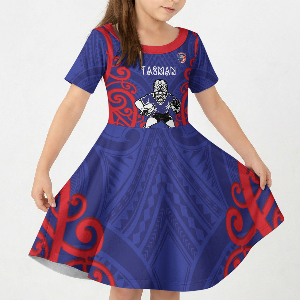 Tasman Custom Rugby New Zealand Kid Short Sleeve Dress Aotearoa Maori Pukana Tiki Mascot