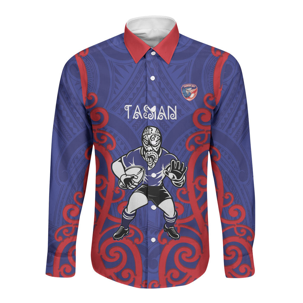 Tasman Custom Rugby New Zealand Long Sleeve Button Shirt Aotearoa Maori Pukana Tiki Mascot LT14 Unisex Blue - Polynesian Pride