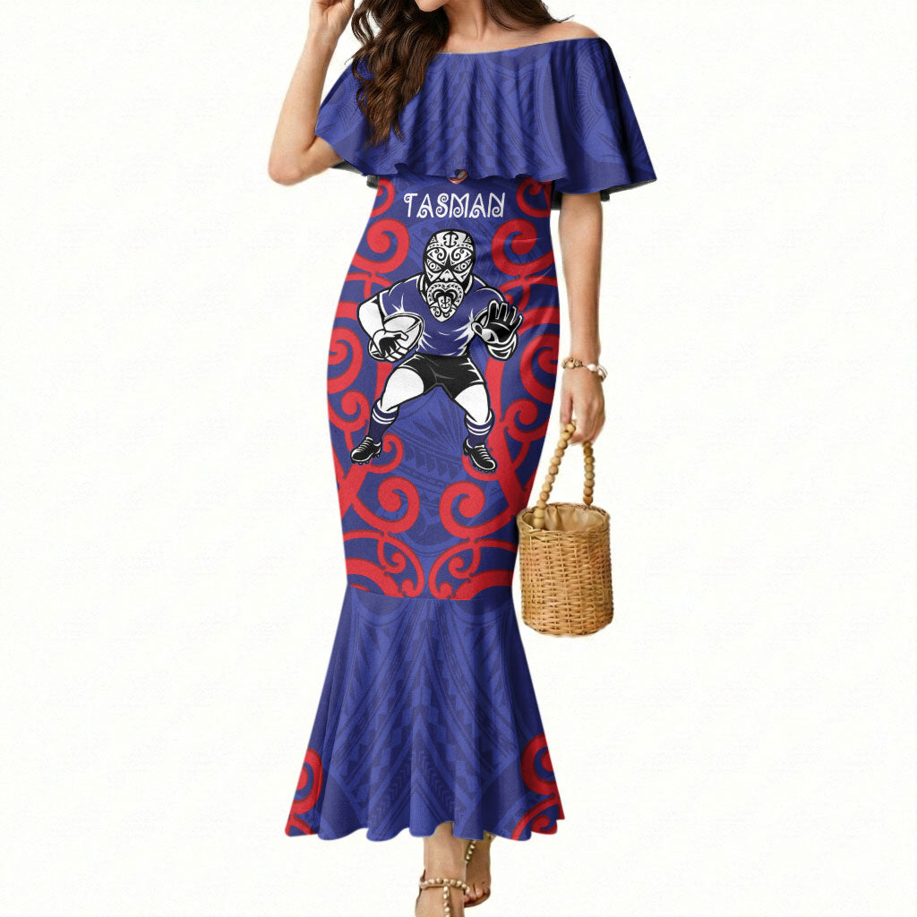 Tasman Custom Rugby New Zealand Mermaid Dress Aotearoa Maori Pukana Tiki Mascot