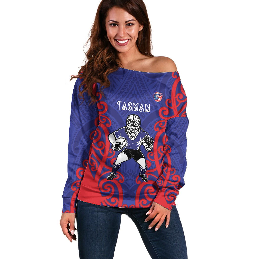Tasman Custom Rugby New Zealand Off Shoulder Sweater Aotearoa Maori Pukana Tiki Mascot LT14 Women Blue - Polynesian Pride
