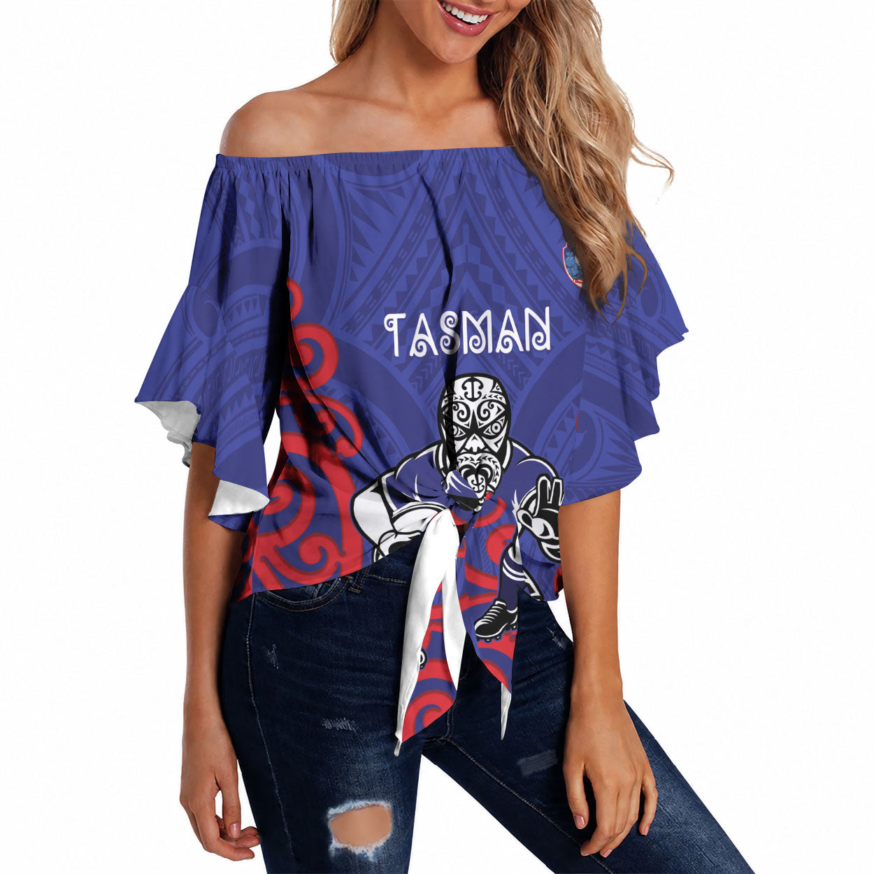 Tasman Custom Rugby New Zealand Off Shoulder Wrap Waist Top Aotearoa Maori Pukana Tiki Mascot