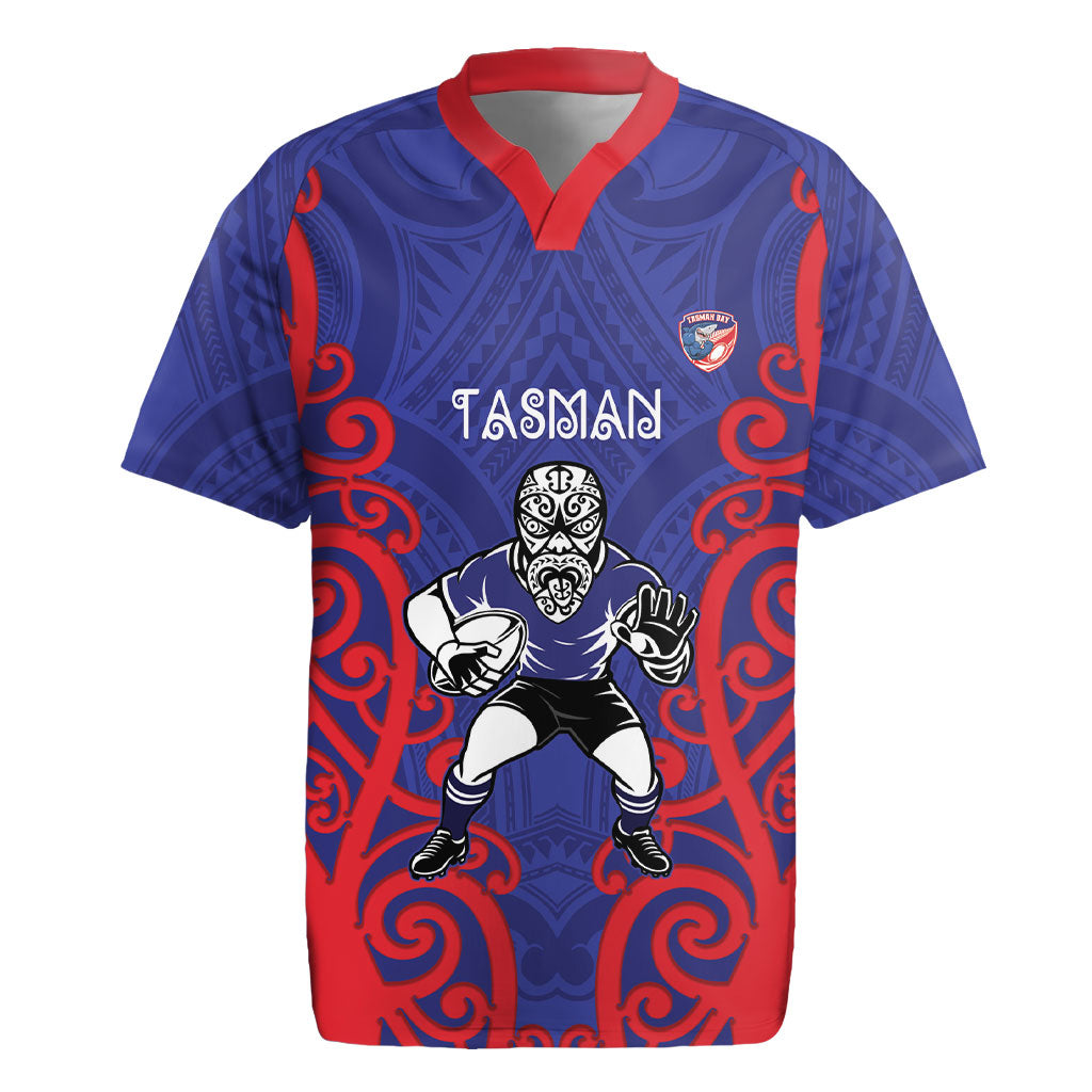 Tasman Custom Rugby New Zealand Rugby Jersey Aotearoa Maori Pukana Tiki Mascot LT14 Blue - Polynesian Pride