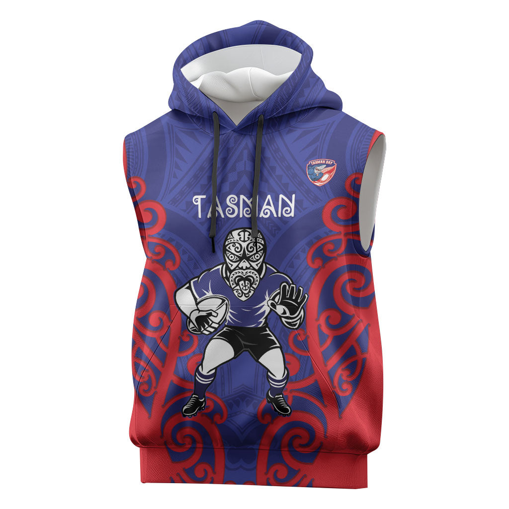 Tasman Custom Rugby New Zealand Sleeveless Hoodie Aotearoa Maori Pukana Tiki Mascot