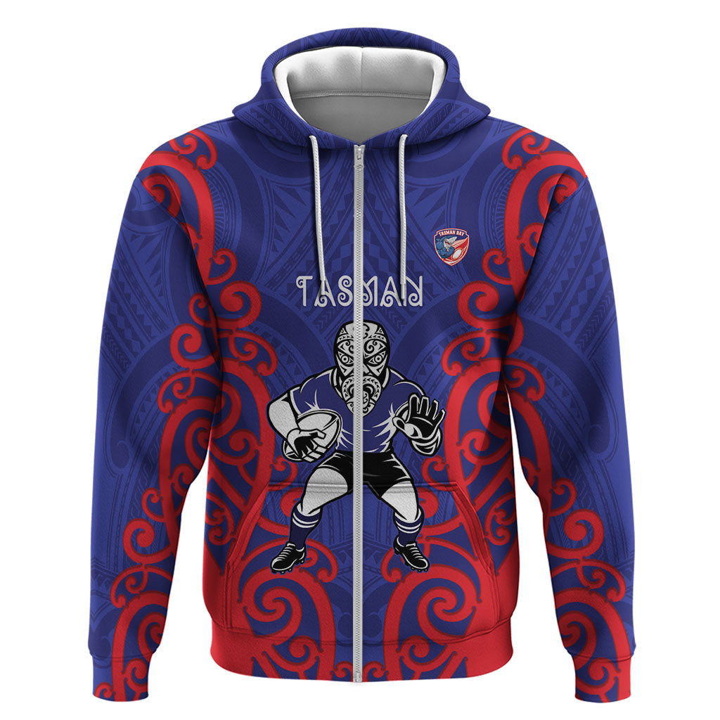 Tasman Custom Rugby New Zealand Zip Hoodie Aotearoa Maori Pukana Tiki Mascot