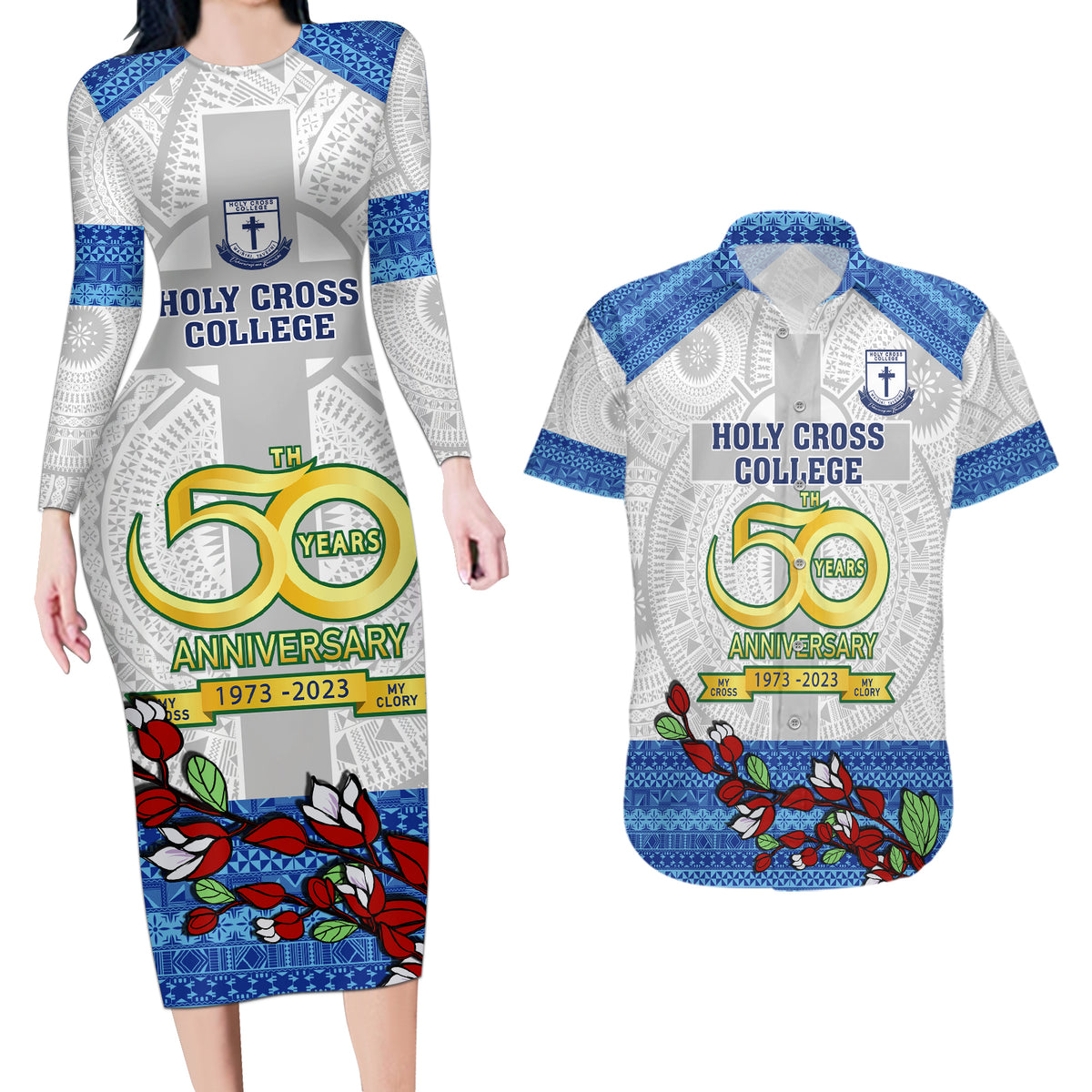Fiji Holy Cross College Couples Matching Long Sleeve Bodycon Dress and Hawaiian Shirt Happy 50th Anniversary Fijian Tagimoucia Tapa Pattern LT14 White - Polynesian Pride