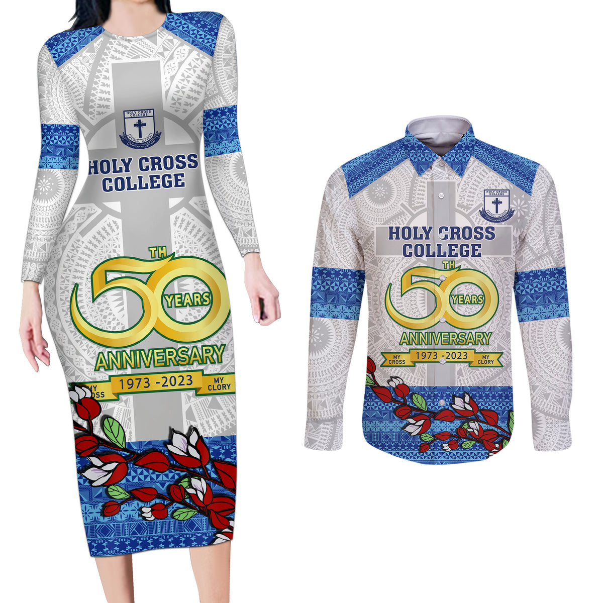 Fiji Holy Cross College Couples Matching Long Sleeve Bodycon Dress and Long Sleeve Button Shirts Happy 50th Anniversary Fijian Tagimoucia Tapa Pattern LT14 White - Polynesian Pride