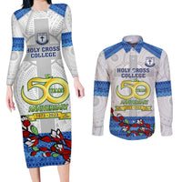 Fiji Holy Cross College Couples Matching Long Sleeve Bodycon Dress and Long Sleeve Button Shirts Happy 50th Anniversary Fijian Tagimoucia Tapa Pattern LT14 White - Polynesian Pride