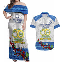 Fiji Holy Cross College Couples Matching Off Shoulder Maxi Dress and Hawaiian Shirt Happy 50th Anniversary Fijian Tagimoucia Tapa Pattern LT14 White - Polynesian Pride
