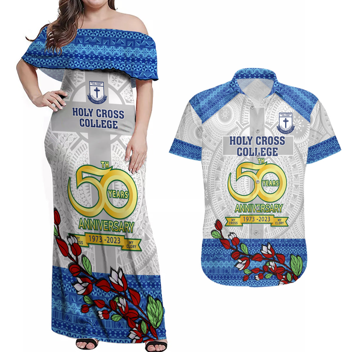 Fiji Holy Cross College Couples Matching Off Shoulder Maxi Dress and Hawaiian Shirt Happy 50th Anniversary Fijian Tagimoucia Tapa Pattern LT14 White - Polynesian Pride