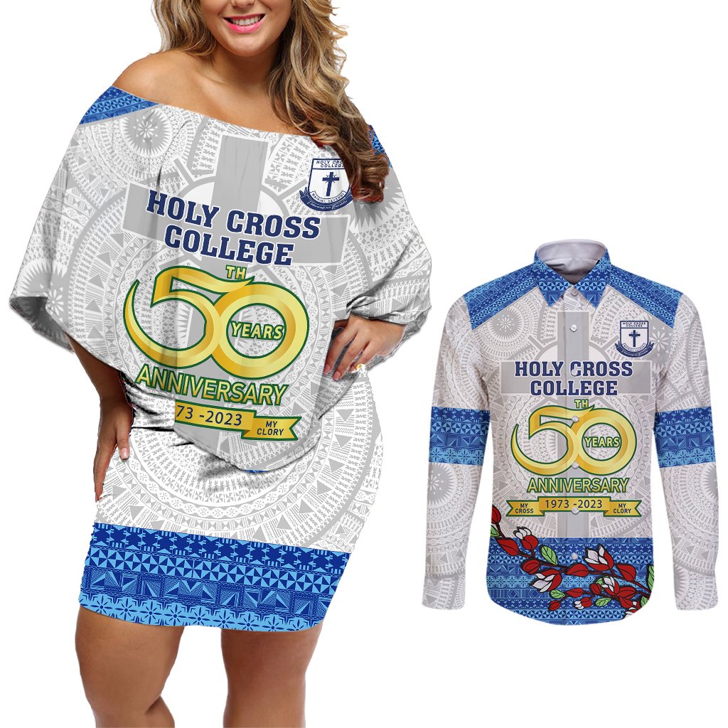 Fiji Holy Cross College Couples Matching Off Shoulder Short Dress and Long Sleeve Button Shirts Happy 50th Anniversary Fijian Tagimoucia Tapa Pattern LT14 White - Polynesian Pride