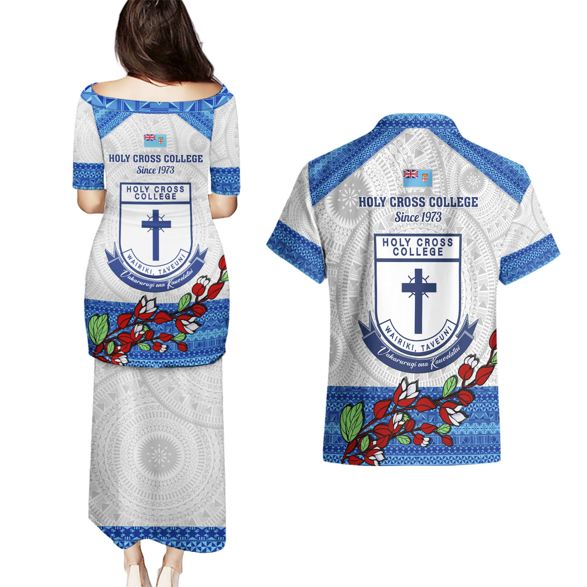 Fiji Holy Cross College Couples Matching Puletasi Dress and Hawaiian Shirt Happy 50th Anniversary Fijian Tagimoucia Tapa Pattern LT14 - Polynesian Pride