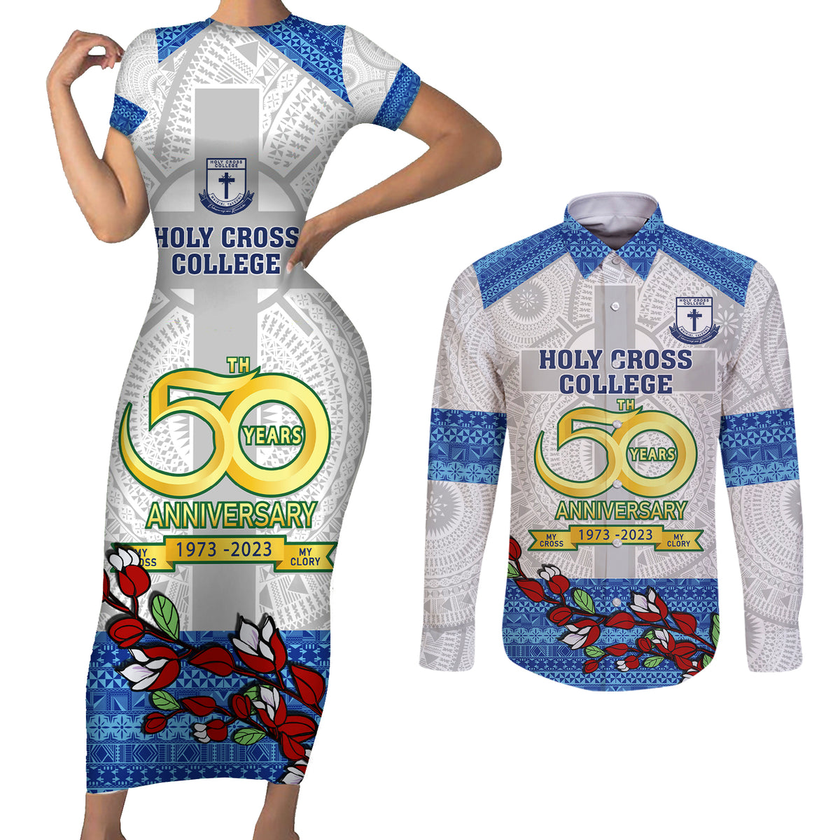 Fiji Holy Cross College Couples Matching Short Sleeve Bodycon Dress and Long Sleeve Button Shirts Happy 50th Anniversary Fijian Tagimoucia Tapa Pattern LT14 White - Polynesian Pride