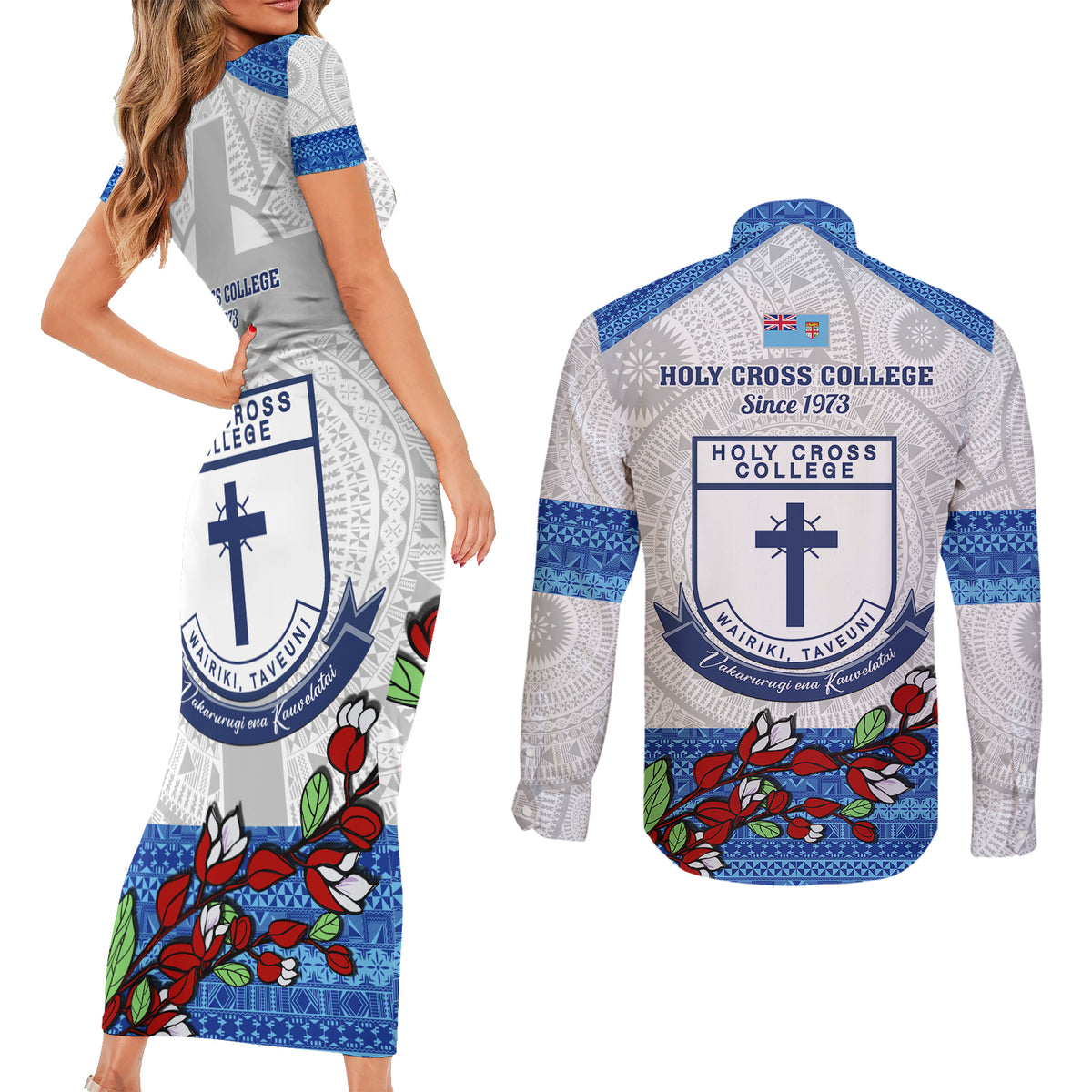 Fiji Holy Cross College Couples Matching Short Sleeve Bodycon Dress and Long Sleeve Button Shirts Happy 50th Anniversary Fijian Tagimoucia Tapa Pattern LT14 - Polynesian Pride
