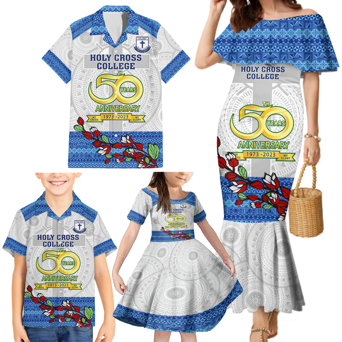 Fiji Holy Cross College Family Matching Mermaid Dress and Hawaiian Shirt Happy 50th Anniversary Fijian Tagimoucia Tapa Pattern LT14 - Polynesian Pride