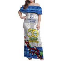 Fiji Holy Cross College Family Matching Off Shoulder Maxi Dress and Hawaiian Shirt Happy 50th Anniversary Fijian Tagimoucia Tapa Pattern LT14 Mom's Dress White - Polynesian Pride