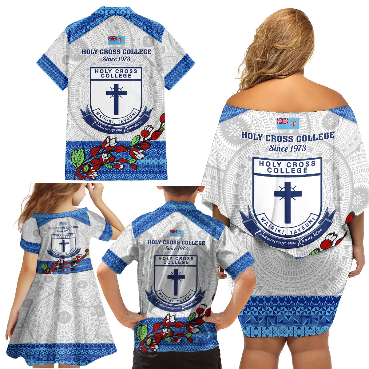 Fiji Holy Cross College Family Matching Off Shoulder Short Dress and Hawaiian Shirt Happy 50th Anniversary Fijian Tagimoucia Tapa Pattern LT14 - Polynesian Pride